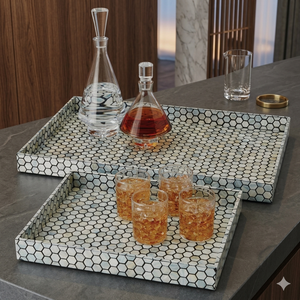 Bandeja DE SERVICIO DE MDF de tamaño personalizado hecha a mano con incrustaciones de perlas madre plato de madera de mármol de resina rectangular para decoración del hogar uso en restaurante - Product Image 1