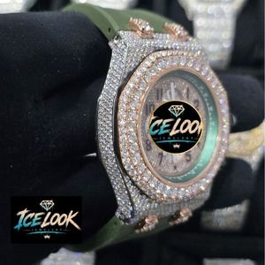 สำหรับ LOOK JEWELERY นาฬิกาควอทซ์สุดหรูสำหรับผู้ชาย 41 มม. ประดับเพชร ตัวเลขโรมัน สายซิลิโคนสีเขียว หน้าปัดอะนาล็อกโครโนกราฟ - Product Image 3