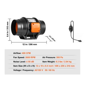 Ventilador de Extracción de Aire en Línea de 6 Pulgadas con Motor AC, 400 CFM, Controlador de Velocidad Variable, Silencioso, Flujo Axial, Potenciador de Refrigeración - Product Image 5
