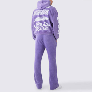 Unisex Winter Solid <b>Purple</b> Hooded Tracksuit Set Streetwear Half Sleeve Windproof Letter Print Sweatshirt Flare Pants Side - Product Image 5