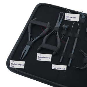 Kit complet d'outils pour extensions de cheveux noirs avec pinces de retrait de micro-perles, pince à sertir, crochet de tirage et enfileur de boucle de fil - Product Image 3