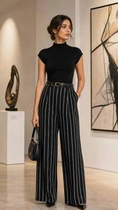 Women's Short Sleeve Turtleneck Top and Striped Wide Leg Pants <b>Set</b> with Belt - Product Image 5