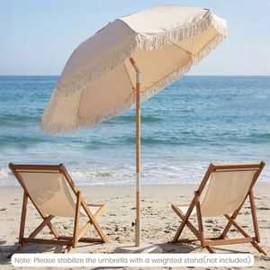 Ombrellone da Patio da 6 Piedi con Pulsante di Inclinazione e Palo in Legno, con Frange e Design Facile da Usare - Product Image 1