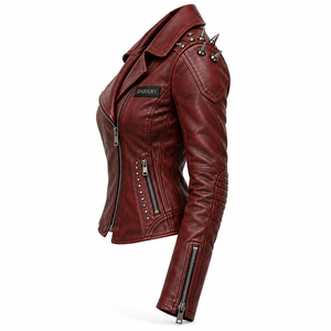 Blouson de motard asymétrique en cuir véritable rouge foncé pour femme, avec imprimé graphique ailes d'ange personnalisées, fermeture éclair et clous, par le fabricant - Product Image 4