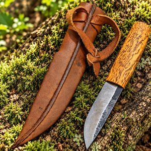 Couteau de survie artisanal avec manche en bois de croûte d'arbre, lame en acier au carbone, étui en cuir, couteau utilitaire pour le camping en plein air - Product Image 1