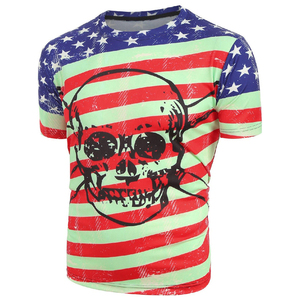 <b>Men's</b> Short Sleeve T-<b>Shirt</b> American Flag <b>Skull</b> Print Regular Fit O-Neck Casual Knitted 100% Polyester Breathable - Product Image 1