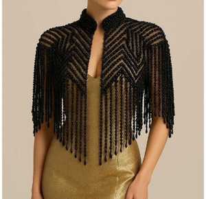 Cape à franges perlées noires, veste de soirée de luxe, boléro - Product Image 2