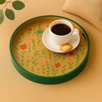 Plateau de service personnalisable en résine émaillée florale de luxe, gravure design contemporain, bord vert, ton or, pour table de fête, salle à manger, coiffeuse