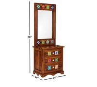 Table de toilette moderne en bois de manguier massif avec miroir surélevé et 3 tiroirs |   Miroir de maquillage en céramique écologique avec incrustations |   Chambre à coucher en gros