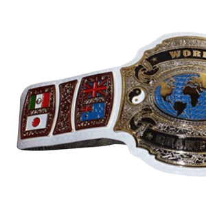 Ceinture de champion du monde avec drapeaux internationaux Mexique, États-Unis, Canada, Royaume-Uni, Brésil, Japon, design plaqué or, sangles noires - Product Image 3