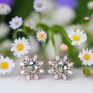 Boucles d'oreilles en agate verte véritable, vintage, rondes, en agate verte, or rose, avec moissanite, pour mariée - Product Image 4