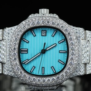 Montre carrée unisexe de luxe en acier inoxydable sertie de diamants, cadran bleu, affichage de la date, mouvement mécanique analogique, haute qualité - Product Image 4