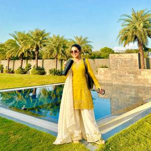 Traditional <b>Women</b> Casual H O Silk Yellow Embroidered <b>Kurta</b> Set Indian Pakistani Traditional Top And Farshi Salwar with Dupatta - Product Image 2