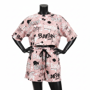 Conjunto de Top Corto y Pantalones Cortos para Mujer, Algodón Premium, Felpa Francesa, Estampado Gráfico Rosa, Logotipo Personalizado, Ropa Urbana, 100% Algodón - Product Image 1