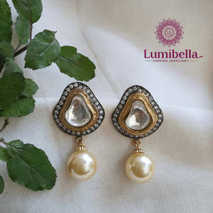 Vintage Gold Plated Kundan Freshwater Pearl Drop Earrings-Purple & White Flower Design for Wedding and Party - Product Image 3