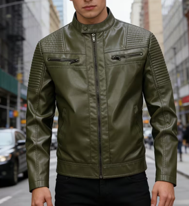 TRIBON SPORTS Men's Olive Green Cowhide Leather Bomber <b>Jacket</b> Stand Collar Zipper Closure <b>Slim</b> <b>Fit</b> Winter Casual Embroidered - Product Image 1