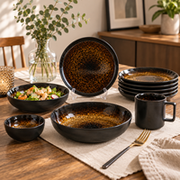 Ensemble de vaisselle en céramique à glaçure réactive, noir et marron, en grès, assiettes, bols, tasses, OEM ODM
