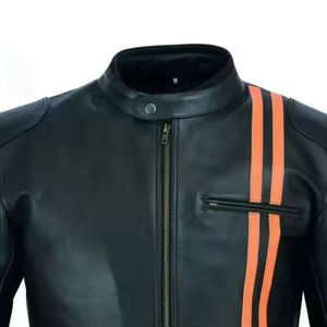 Blouson de moto unisexe en cuir noir avec bandes orange, manches longues, imperméable, coupe-vent, personnalisable, toutes saisons, pour la course - Product Image 3