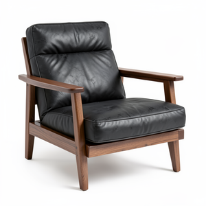 Sillón Moderno de Mediados de Siglo, Cojín de Cuero Vacuno Genuino, Estructura de Madera, Muebles de Primera Calidad para Sala de Estar, Cafetería, Restaurante - Product Image 2