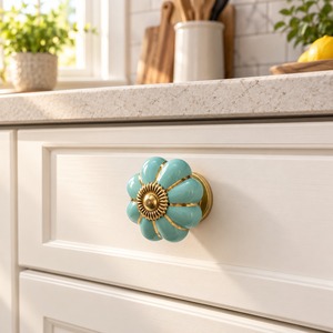 SHUBHAM Turquoise <b>Ceramic</b> Flower Cabinet <b>Knob</b> with Gold Accents Decorative <b>Drawer</b> Dresser Wardrobe Furniture Handle - Product Image 1
