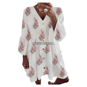 Hermosas túnicas de algodón casuales de verano con estampado a bloques al por mayor para damas y niñas, Kurti étnico dibujado a mano para bodas indias - Product Image 5
