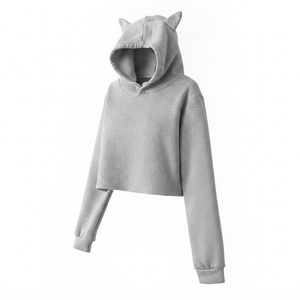Women Cute <b>Cat</b> Ear Crop <b>Top</b> Hoodie Grey Solid Long Sleeve Pullover Sweatshirt Devil Horn Streetwear Y2K Hoody - Product Image 1