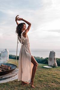 Premium Boho Maxi <b>Dress</b> Sleeveless V-Neck Solid Color Asymmetrical Hem <b>Loose</b> Fit Summer Casual <b>Dress</b> With Braided Waist Detail - Product Image 4