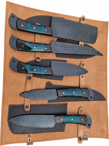 Hand Forged Carbon Steel Chef <b>Knife</b> Set 5 Piece Resin Handle Modern Right Hand Leather Sheath High-Polish Finish Dishwasher <b>Safe</b> - Product Image 5
