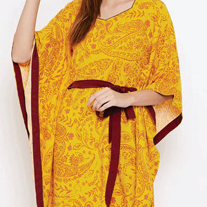 Vestido Kaftán de Gasa Amarillo con Estampado Paisley para Mujer, con Cinturón Cruzado, Elegante, Largo hasta el Suelo, Manga Casquillo, Cuello Redondo - Product Image 5