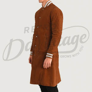 Abrigo Largo de Gamuza Genuina Marrón para Hombre, Estilo Universitario, con Mangas Acolchadas y Puños Acanalados a Rayas, Abrigo Premium Tipo Letterman - Product Image 5