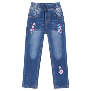 Girls Trendy Floral Embroidered Regular Fit Straight Leg Denim <b>Jeans</b> <b>Elastic</b> <b>Waist</b> Polyester/Cotton Vintage Style Full Length - Product Image 5