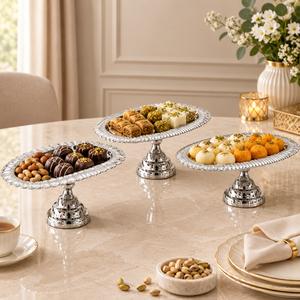 Silver Modern 3-Piece Sweets Serving Tray Set Pedestal Stands for Diwali Desserts Snacks Dry Fruits-Elegant <b>Buffet</b> <b>Table</b> - Product Image 4