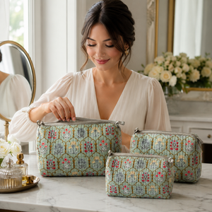 Luxury Mint Botanical 3 Piece Makeup Pouch Set Quilted Cotton Cosmetic Bags for Women Travel Vanity <b>Toiletry</b> <b>Storage</b> Organizer - Product Image 3