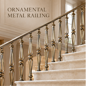 Rampe d'escalier en métal doré vintage de qualité supérieure avec des détails de balustres allongés pour des intérieurs classiques et majestueux - Product Image 1