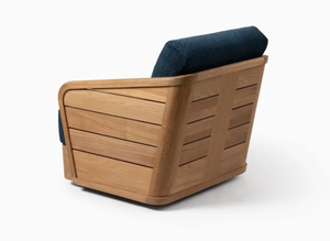 Modern Design Teak Wood Patio Swivel Armchair Slatted Siding Settee with Deep Indigo Fabric Blocks - Product Image 3
