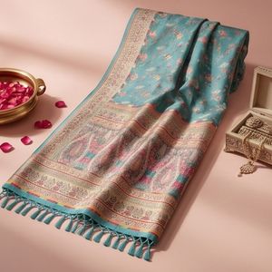 Sari en soie Kani du Cachemire, tissé à la main, style long, avec un design élégant - Product Image 5