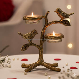 Antique <b>Bird</b> & Tree Design Vintage Metal Tealight Holder - Protective Solid Brass Frame Tealight <b>Stand</b> - Indian Export - Product Image 1