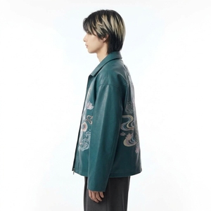 Men's Chinese Style <b>Real</b> <b>Leather</b> <b>Jacket</b> Hand Embroidery Dragon Pattern Stand Collar Zipper Closure Winter Wear Moto Style - Product Image 4