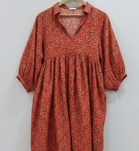 Vestido Túnica Midi Hecho a Mano en India 100% Algodón para Mujer |   Ropa Formal de Oficina Ecológica y Transpirable, Corte en A, Cuello en V, Manga Abullonada, Estampado Floral - Product Image 4