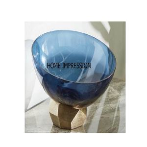 Bol de service universel en verre bleu et métal, à Base martelée, service fantaisie - Product Image 1