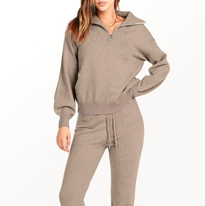 Women's 100% Cotton <b>Two</b>-<b>Piece</b> <b>Lounge</b> <b>Sets</b> Long Sleeve Half Zip Winter Tracksuit & Sweatpants with Breathable Jogger - Product Image 1