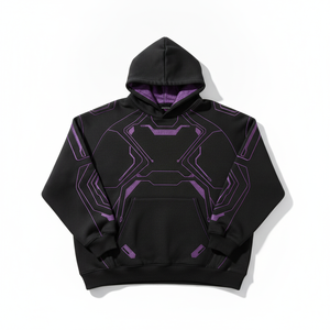 Sudadera con Capucha Negra para Hombre con Estampado Geométrico Morado, Corte Holgado, Estilo Casual, Manga Regular, Tela French Terry - Product Image 1