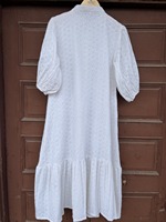 Gaun kemeja katun putih wanita dengan bordir eyelet, kancing depan, gaya boho maxi, elegan, pakaian pesta, busana butik