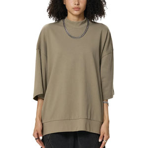 Camiseta Oversize de Mujer con Cuello Alto Estampado Personalizado, Cuello Acanalado Grueso, Ajuste Holgado Cuadrado, Manga Corta, Estilo Urbano - Product Image 5