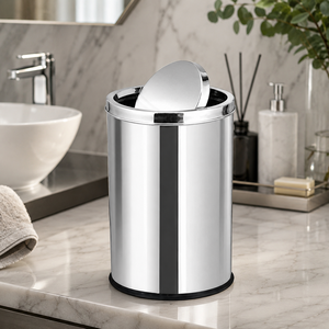 Cubo de Basura Redondo con Tapa Abatible de Acero Inoxidable, Cubo de Basura Moderno para Cocina, Baño, Oficina, Color Plateado y Negro - Product Image 1