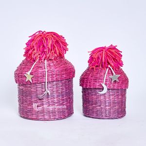 Panier Cadeau Ramadan en Jonc de Mer Tressé Rose, Panier de Rangement pour Bonbons de l'Aïd, Organisateur Décoratif Lune et Étoile - Product Image 1
