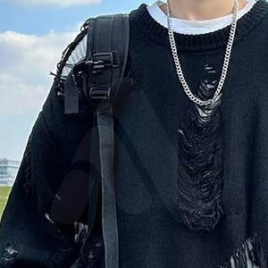 Suéter de Punto Oversize para Hombre, Estilo Desgastado, Cuello Redondo, 100% Algodón, Transpirable, Estilo Urbano, Nueva Moda - Product Image 6