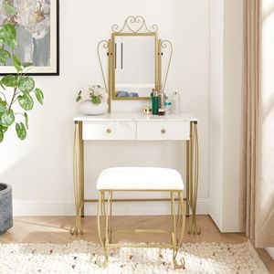 Ensemble de coiffeuse vintage pour chambre à coucher, blanc, avec tabouret et beaucoup de rangements pour se maquiller et ranger, élégant et pratique - Product Image 3