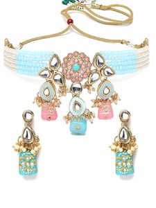 Ensemble collier et boucles d'oreilles en alliage plaqué or avec zircon et perles, bijoux ethniques de mariage pour femmes, design floral - Product Image 5