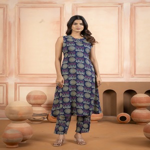 ชุดคุर्ติพิมพ์ลายสีน้ำเงินสำหรับผู้หญิง ชุดกางเกงขายาวแบบไม่มีแขน สไตล์ชาติพันธุ์ ชุดคุर्ติทรงตรงแบบลำลอง - Product Image 3